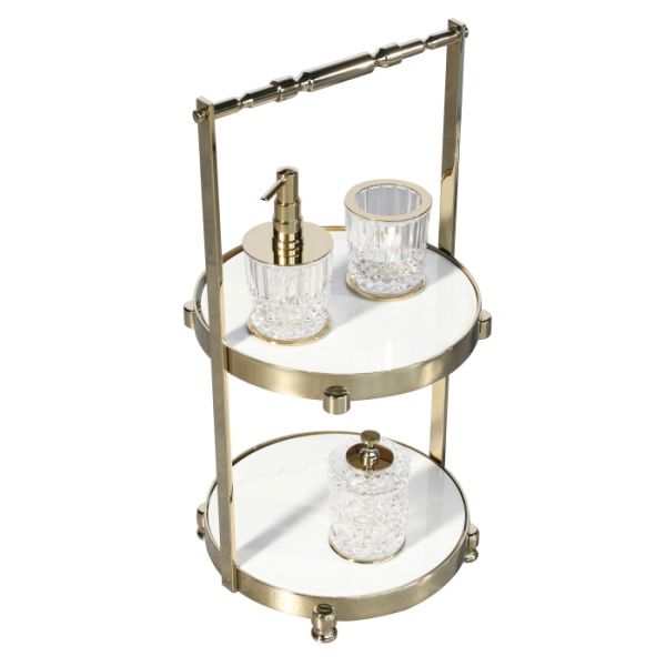 Aksy 7641 İki Katlı  Oval Tepsi Pvd Gold  Beyaz Granit