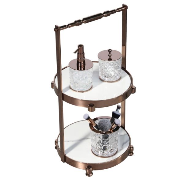 Aksy 7641 İki Katlı  Oval Tepsi Pvd Rose Beyaz Granit